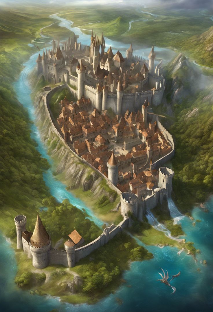 an artist's rendering of a castle in the middle of a river