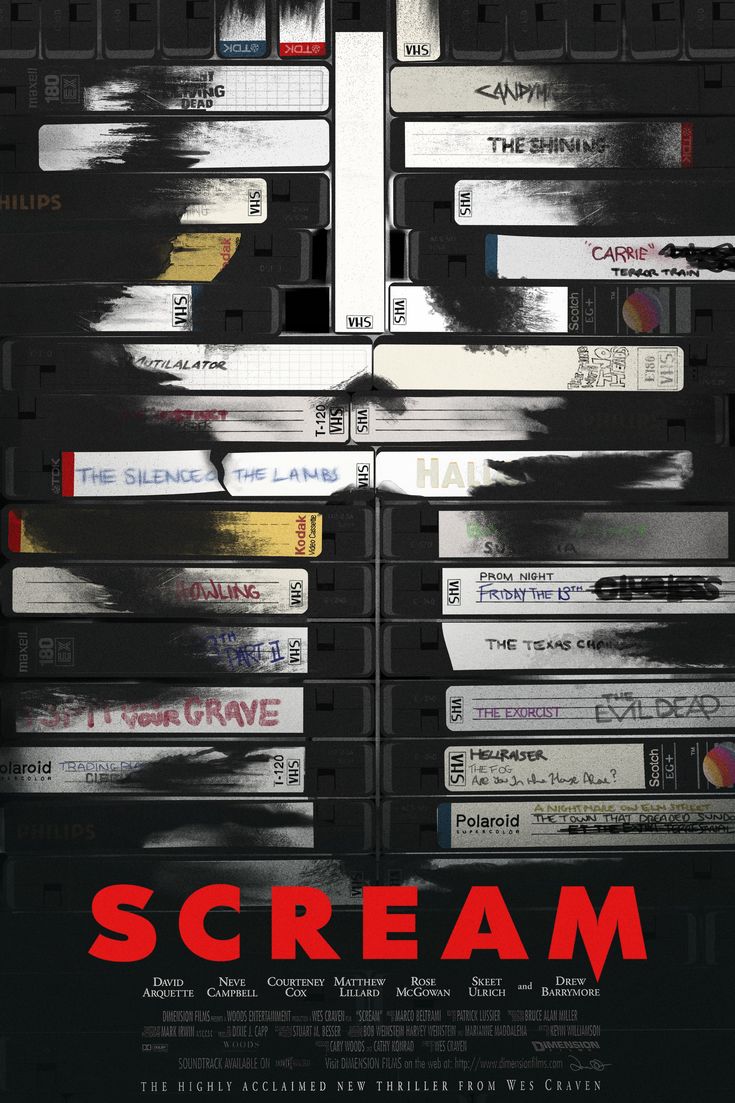 a movie poster for scream with cassettes stacked on top of each other