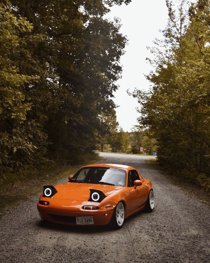 an orange sports car parked on the side of a dirt road in front of trees