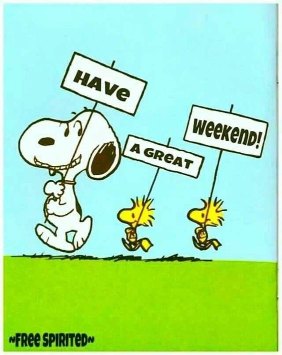 a cartoon dog holding up two signs that say have a great weekend