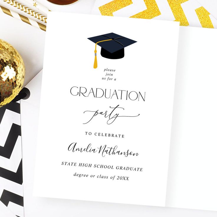 a graduation party with gold confetti and black and white decorations