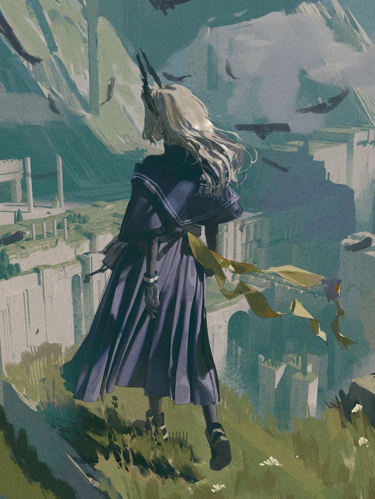 a painting of a woman with long blonde hair and blue dress standing on top of a hill