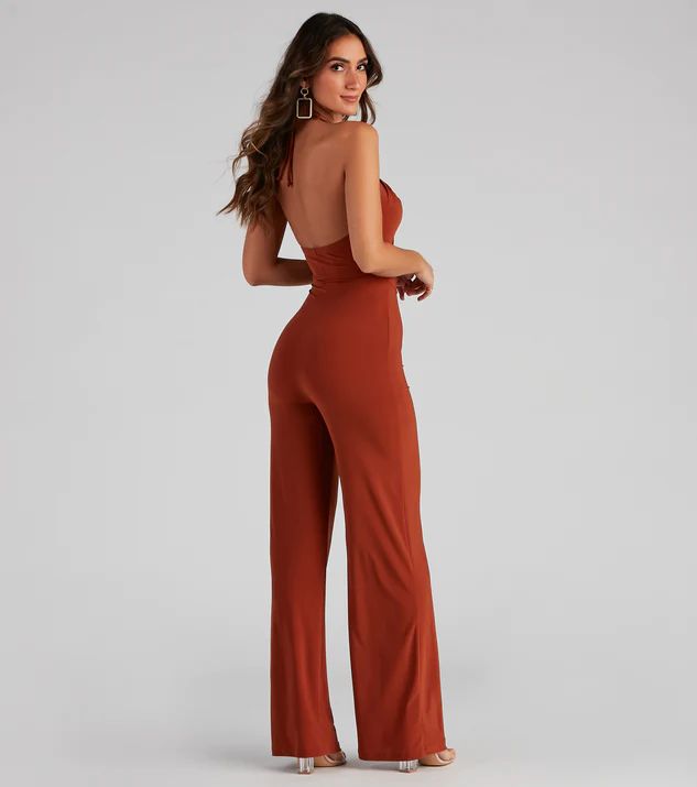 Sleek And Sultry Halter Jumpsuit | Windsor Backless Strapless Jumpsuit For Summer Formal, Summer Formal Backless Strapless Jumpsuit, Elegant Solid Color Backless Strapless Jumpsuit, Elegant Halter Neck Jumpsuits For Night Out, Chic Strapless Backless Jumpsuit, Solid Color Backless Jumpsuits And Rompers For Evening, Glamorous Halter Neck Jumpsuit For Night Out, Solid Halter Neck Jumpsuit For Date Night, Chic Halter Neck Jumpsuits And Rompers For Party