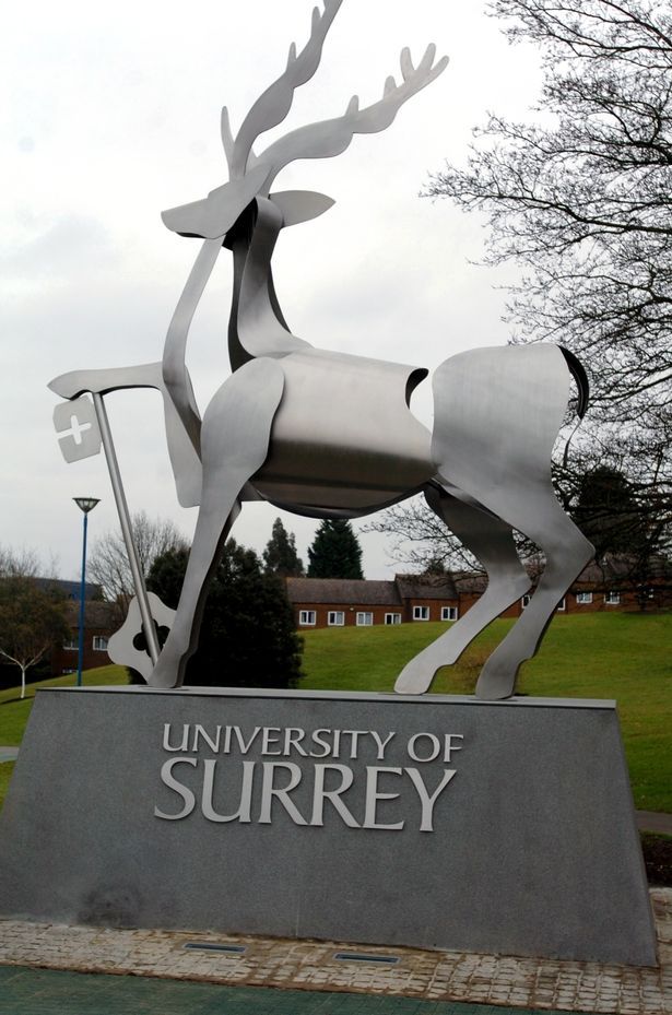 the university of surrey sign is shown in front of a park with trees and grass