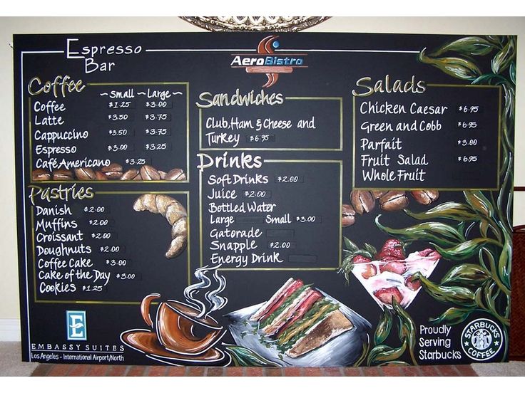 a menu board with coffee and sandwiches on it