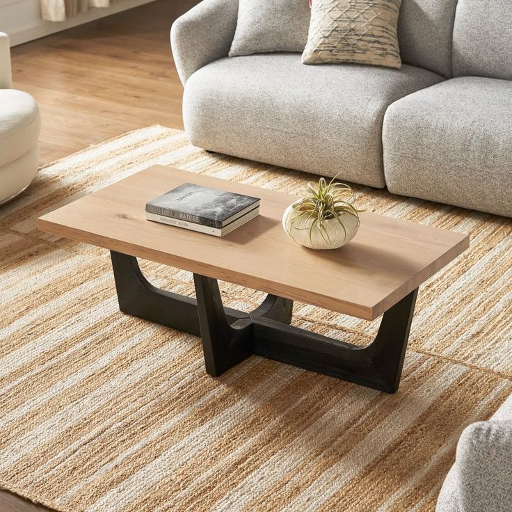 a living room with a couch, coffee table and rug on the floor in front of it