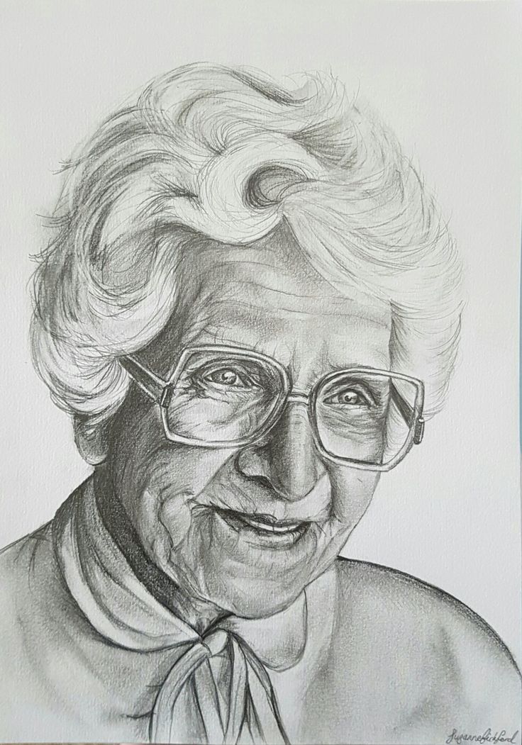 a drawing of an older woman with glasses