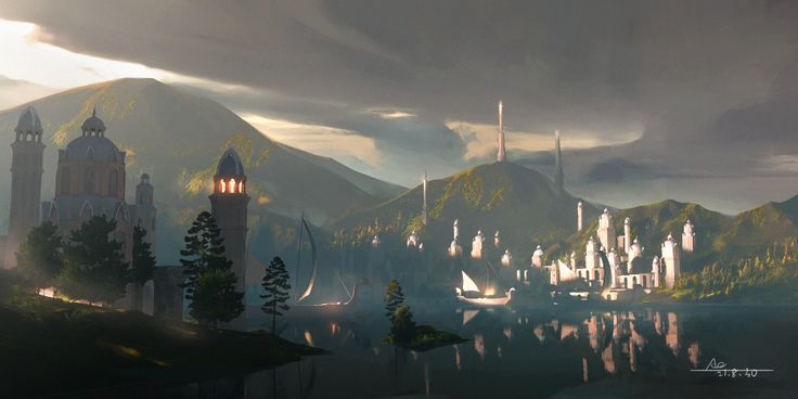 a painting of a fantasy city by the water with mountains in the background and dark clouds