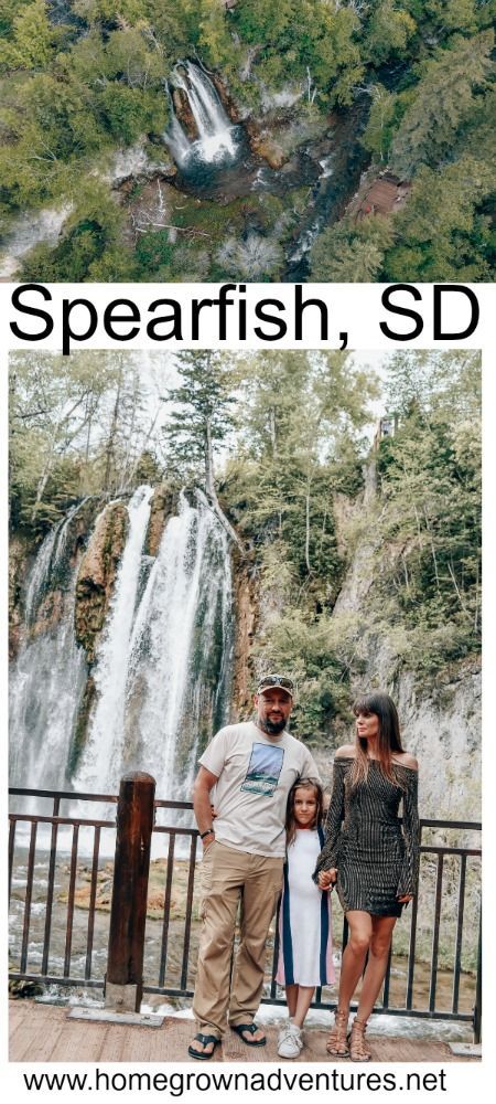 a family standing in front of a waterfall with text overlay that reads, how to plan a trip to spearfish, sd