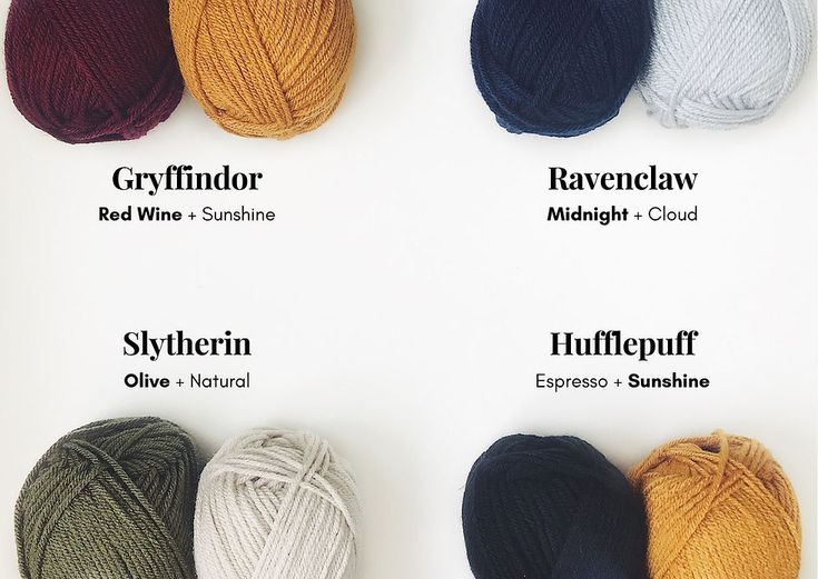 four skeins of yarn in different colors and sizes, all labeled with names