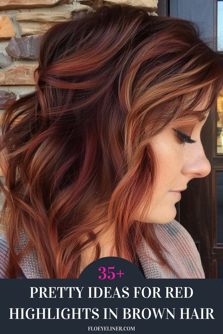 Check out our roundup of 35+ pretty ideas for red highlights in brown hair. Whether you prefer subtle colors like the caramel copper highlights you see here or more bold, vibrant red shades, this collection has something for everyone. Click the pin to see it now and save your favorites! Reddish Brown Hair With Copper Highlights, Dark Brown Hair With Red And Caramel, Fall Red Hair Color For Brunettes, Dark Hair With Red Highlights Balayage, Red Highlights In Auburn Hair, Hair Color Ideas For Brunettes With Red Copper Caramel Highlights, Brunette With Red Highlights Caramel, Red Fall Hair Color For Brunettes, Caramel Red And Blonde Highlights