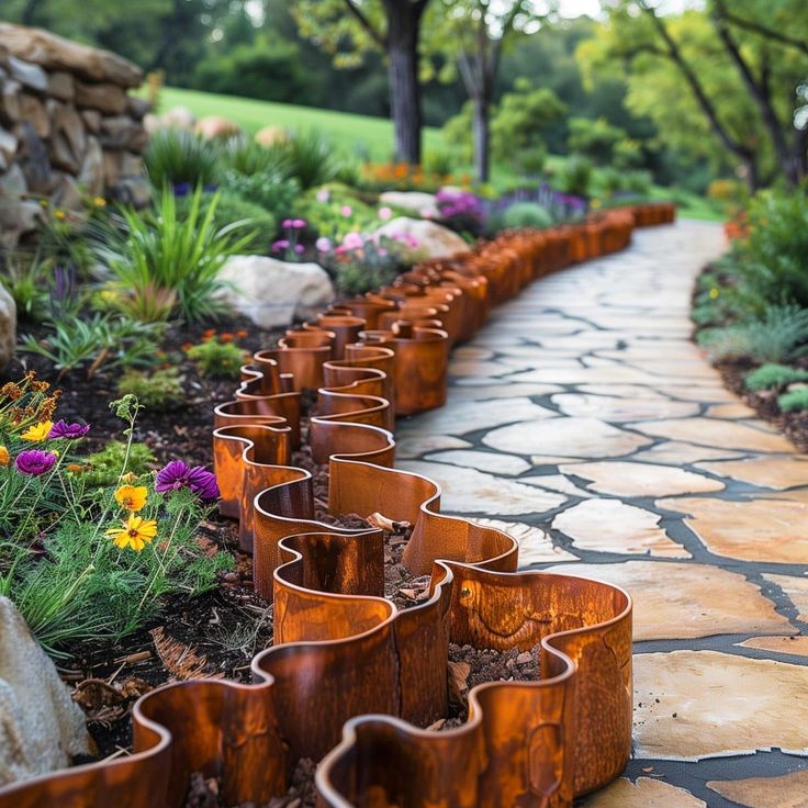 a stone path lined with metal planters in the middle of a flower garden area