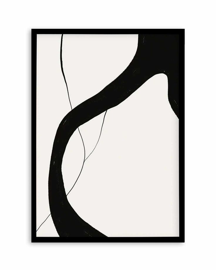 an abstract black and white painting with a curved tree branch in the center, against a light gray background