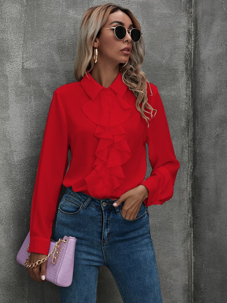 Red Elegant  Long Sleeve Chiffon Plain Shirt Embellished Non-Stretch Spring/Fall Women Tops, Blouses & Tee Red Shirts Women, Red Blouse Outfit Work, Dresses Ankara, Patch Blouse, Chiffon Shirt Blouse, Plain Shirt, Oversized Blouse, Work Style, Chiffon Long Sleeve