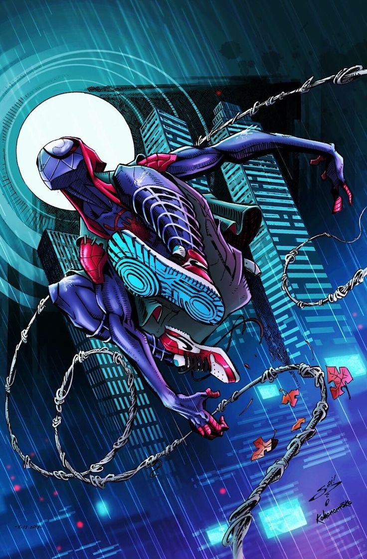 a spider - man hanging from a chain in front of a cityscape at night