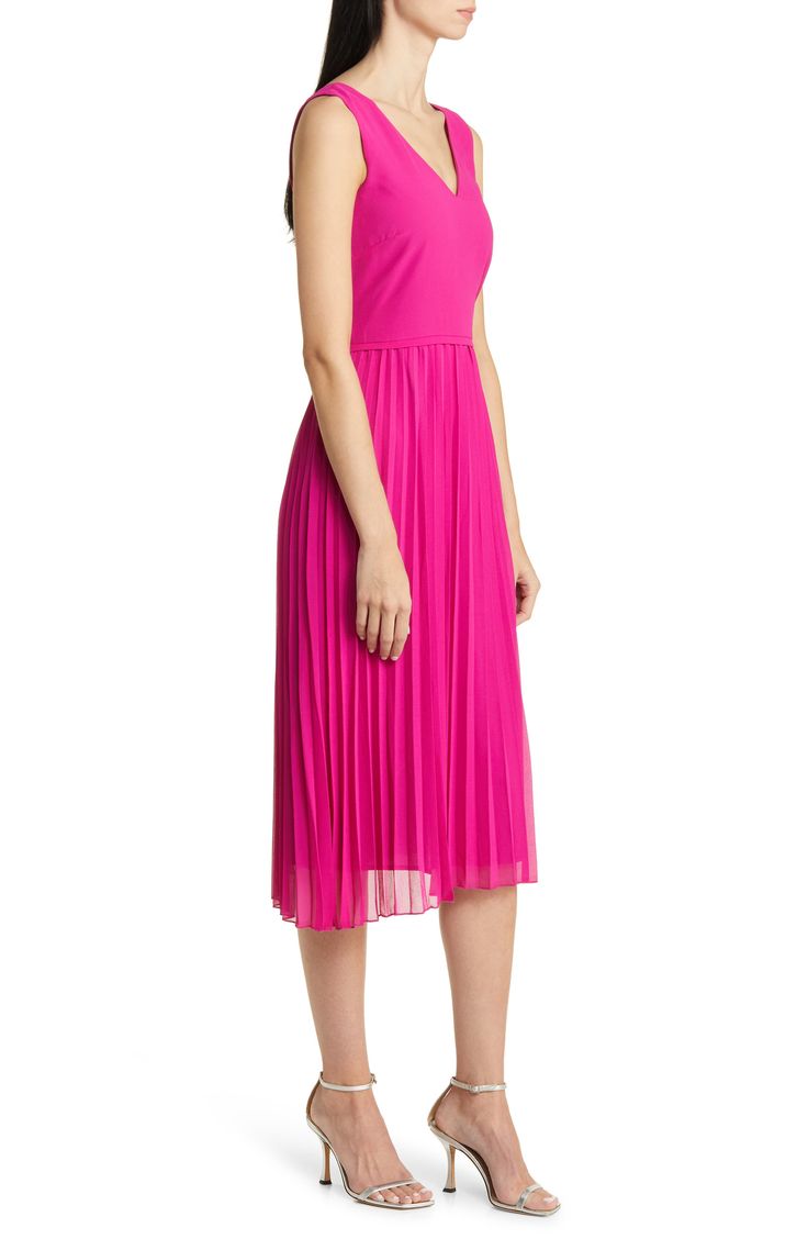 Designed in a sleeveless silhouette, this day-to-night dress is punctuated with a pleated chiffon skirt. 46" length (size 8) V-neck Sleeveless Lined 100% polyester Dry clean Imported Summer A-line Pleated Dress With Pleated Bodice, Spring Sleeveless A-line Dress With Pleated Back, A-line Sleeveless Dress With Pleated Hem For Spring, Summer A-line Midi Dress With Accordion Pleats, Summer Cocktail Dress With Pleated Skirt, Fit And Flare Pleated Midi Dress, Sleeveless Pink Pleated Summer Dress, Pink Sleeveless Pleated Dress For Spring, Spring Midi Dress Fit And Flare With Pleated Back