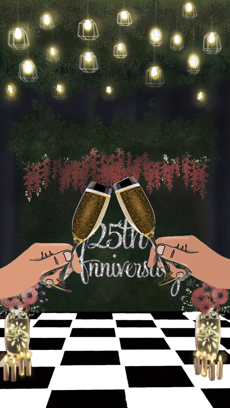 two hands holding champagne glasses with the words 25th anniversary on it and lights in the background