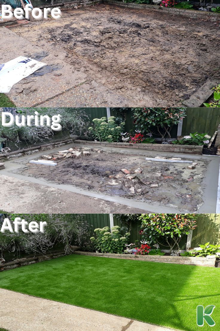 before and after pictures of a backyard with grass being laid on the ground to make it look like an outdoor living area