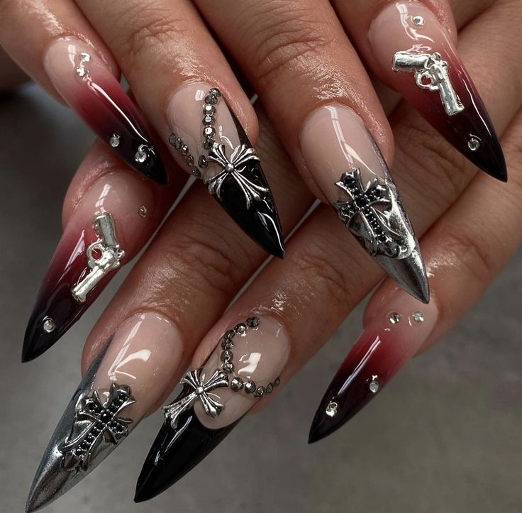 from insta🤷🏽‍♀️ Red Nail Inspo, Red And Silver Nails, Black Silver Nails, Vampy Nails, Red Stiletto Nails, Vampire Nails, Concert Nails, Sharp Nails, Punk Nails