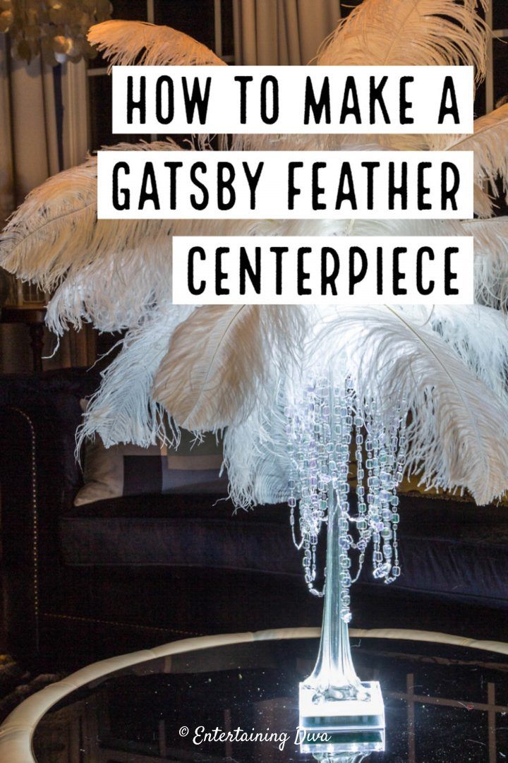 a glass table with white feathers on it and the words how to make a gatsby feather centerpiece