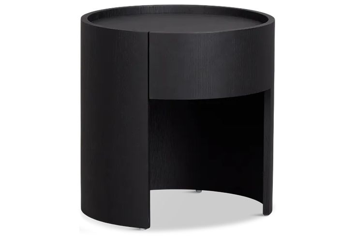 a black side table with an open shelf on the bottom and one drawer at the top