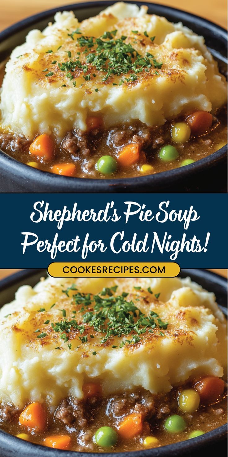 two pictures of shepherd's pie soup with text overlay that says shepherd's pie soup perfect for cold nights