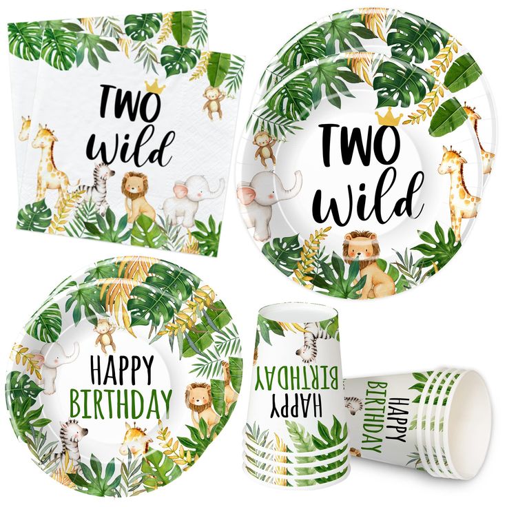 two wild birthday party supplies including plates, cups and napkins with jungle animals on them