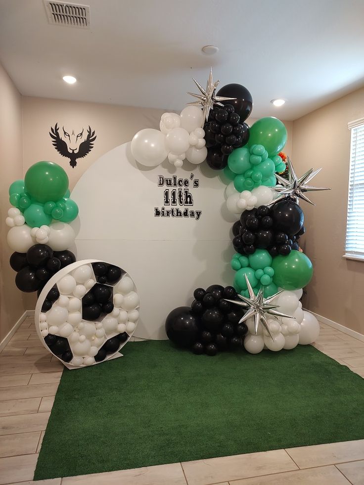 a birthday decoration with balloons and soccer balls