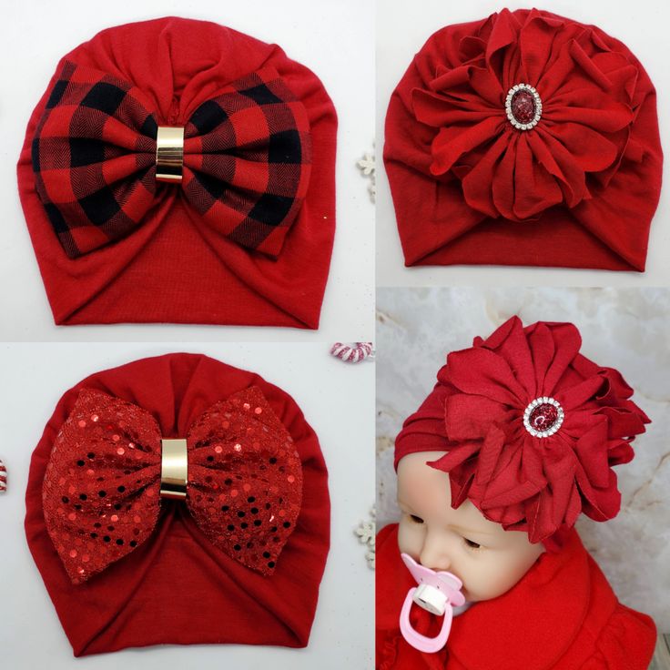 four pictures of red hats with bows and brooches on them, one has a pacifier in its mouth