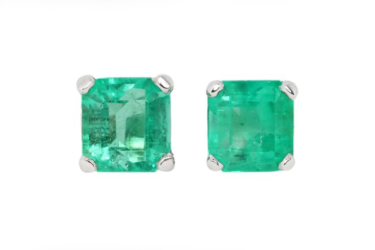 A classic pair of Asscher-cut green natural Colombian emerald gold studs 14K white gold. These earrings feature two lively, natural Colombian emeralds that are handset in a single four-prong setting. These stones were sourced by the best emerald mine in the world known as Chivor. They are comfortable to wear and come with secure back pieces. (Exceptional in color and style!) No two emeralds are perfectly alike, one emerald is slightly larger than the other. Embrace uniqueness :D Setting Style: S Classic Green Diamond Cut Earrings, Formal Green Diamond Cut Earrings, Green Octagon Earrings For Formal Occasions, Classic Emerald Cut Emerald Earrings, Classic Green Octagon Jewelry, Classic Octagon Gemstone Earrings, Emerald Stud Earrings, Emerald Earrings Studs, White Gold Studs