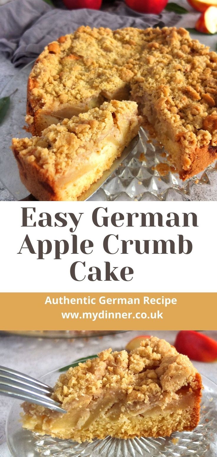 an easy german apple crumb cake on a glass plate with a slice cut out