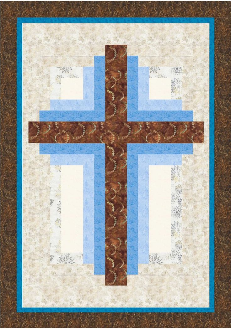 a cross is shown on the wall hanging in front of a blue and brown background