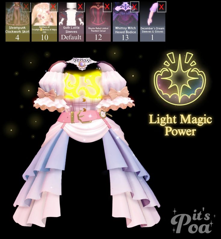 the light magic power costume is displayed in front of a black background with text that reads,