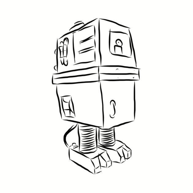 a black and white drawing of a robot