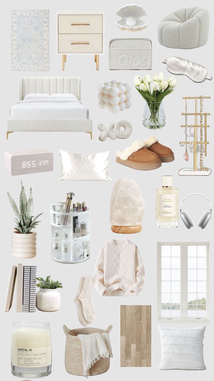 a collage of white furniture and accessories