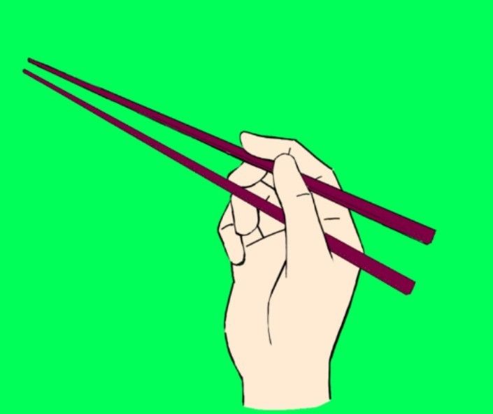 a hand holding two chopsticks in front of a green background with the same color