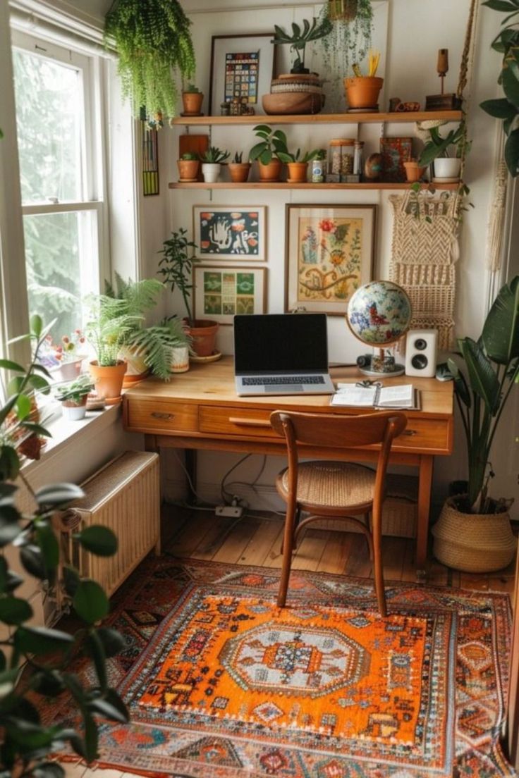 a home office with lots of plants on the shelves