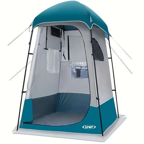 a tent that is blue and white with the door open