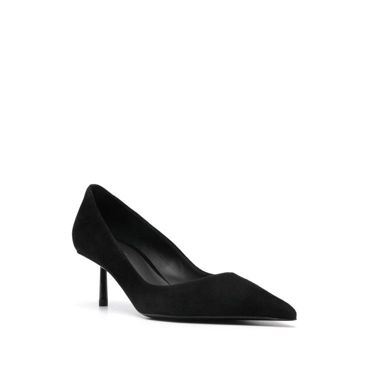 black calf suede pointed toe branded leather footbed 60mm mid heel leather and rubber outsole slip-on style This piece comes complete with a protective dust bag. Black Calf Leather Kitten Heels With Pointed Toe, Pointed Toe Heels With Branded Heel Counter, Suede Pointed Toe Business Heels, Suede Pointed Toe Heels For Business, Almond Toe Suede Kitten Heels For Work, Classic Suede Pointed Toe Heels, Classic Black Kitten Heels With Deep Heel Cup, Pointed Toe Kitten Heels With Leather Sole, Business Almond Toe Suede Heels