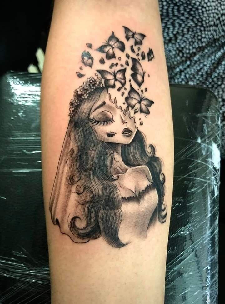 Corspride Bride Tattoo, Cute Spooky Tattoo Ideas, Emily Tattoo Corpse Bride, Corps Bride Tattoo, Emily Corpse Bride Tattoo, Name Cover Up Tattoos For Women, Corpse Bride Tattoo Ideas, Tattoo Locations For Women, But Tattoo