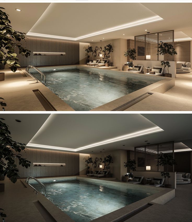 this is an indoor swimming pool that looks like it has been built into the ground