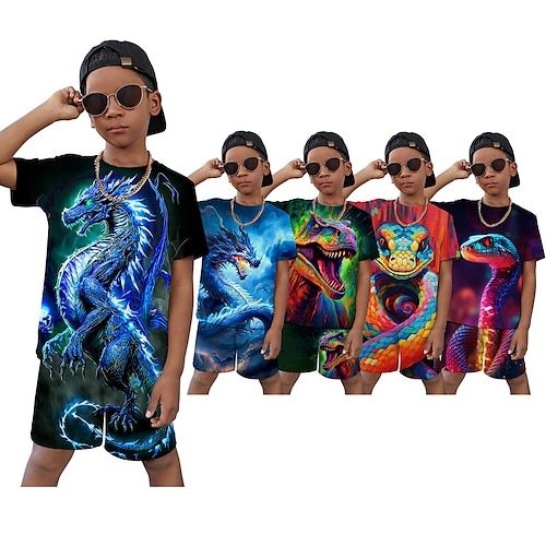 Season:Summer,Spring; Fabric:Polyester; Sleeve Length:Short Sleeve; Look After Me:Machine wash; Gender:Boys; Quantity:2 Pieces; Style:Active,Casual,Comfort,Sports,Fashion,Daily; Occasion:Vacation,Street,Outdoor; Kids Apparel:T-shirtSet,T-shirt  Shorts,Clothing Set; Age Group:Kids; Fit Type:Regular Fit; Pattern:Graphic,Animal,Dragon; Design:Print,Crewneck; Age:3-13 Years; Listing Date:06/21/2023; Bust:; Length [Bottom]:null; Length [Top]:null; Sleeve:; Waist:; Print Type:3D prints Outdoor Vacation, Sports Fashion, 3d T Shirts, Set Outfit, T Shirt And Shorts, Boys T Shirts, Sport Fashion, Tshirts Online, Plein Air