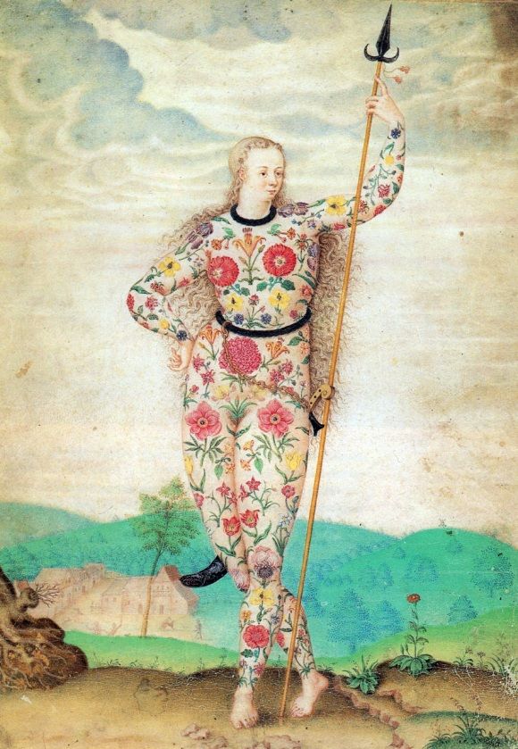 an old painting with a man holding a spear and flowers on it's body