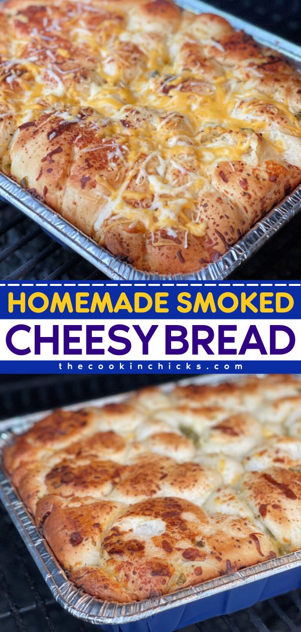 Looking for party snack ideas? This easy appetizer recipe features ooey-gooey pull-apart bread on the smoker! Loaded with garlic, peppers, and more, every bite of this cheesy bread is delicious. Put this smoked bread on your game day recipes! Smoked Bread, Party Snack Ideas, On The Smoker, Tailgating Food, The Cookin Chicks, Game Day Recipes, Chicke Recipes, Delicious Chicken Dinners, Game Day Party