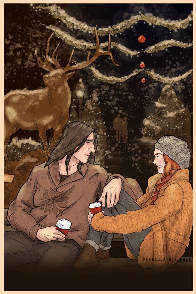 two people sitting on a bench in front of a christmas tree with deer and lights