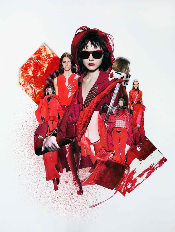 a collage of women in red clothing and accessories, with one woman's face partially obscured by the image