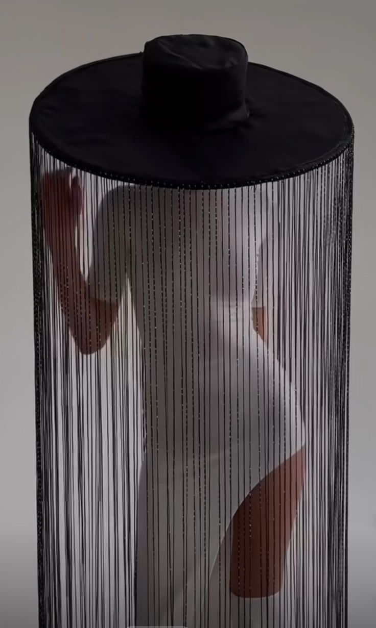 a black and white photo of a person behind a mesh curtain with a hat on top