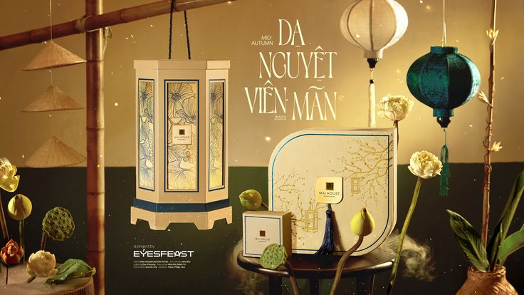 an advertisement for a perfume brand with flowers in vases and lights hanging from the ceiling