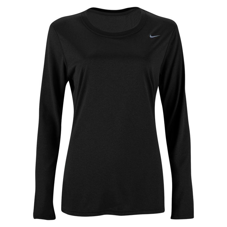 Nike Women's Legend Long Sleeve Poly T-Shirt. Train with the Swoosh and feel the difference. Dri-FIT training top looks like a tee but performs like a training jersey. Lightweight, moisture wicking training top with screened Nike logo. 100% polyester. Nike Dri-fit T-shirt For Running, Nike Functional Breathable Tops, Functional Nike Breathable Tops, Functional Breathable Nike Tops, Nike Breathable Crew Neck Activewear, Nike Breathable Athletic Fit Tops, Sporty Long Sleeve Go-dry T-shirt, Sporty Long Sleeve T-shirt With Go-dry Technology, Nike Breathable Athleisure Tops