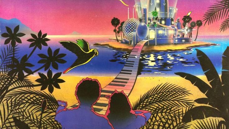 an album cover with two people looking at a piano on the beach and palm trees